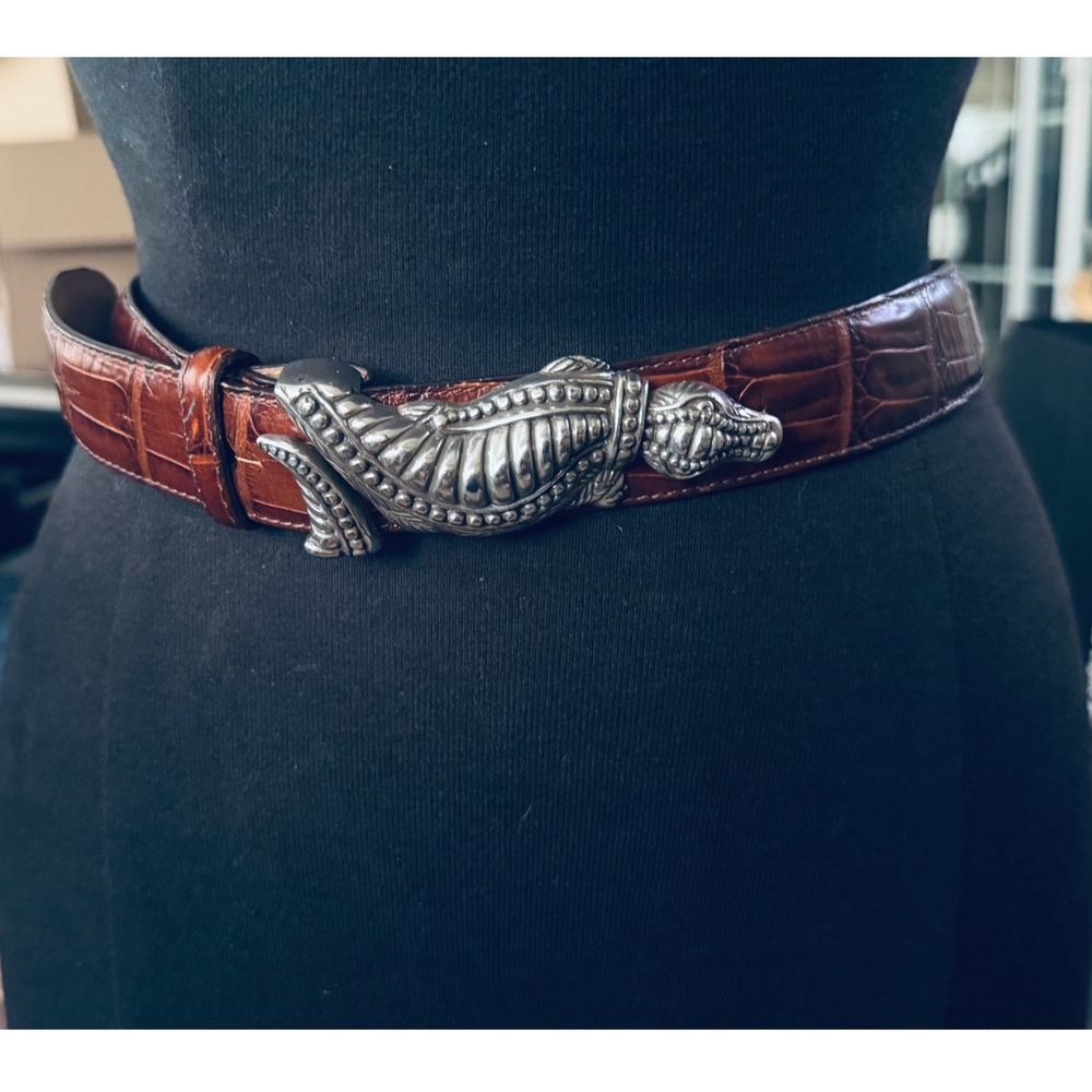 Brighton Vintage 1996 Alligator Buckle Brown Croc Embossed Leather Belt M RARE